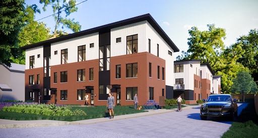 Architectural rendering of three-story building with a black roof and white and brick exterior