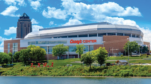 An image of Wells Fargo Arena looking west with a red sign reading Casey's Center on the side.